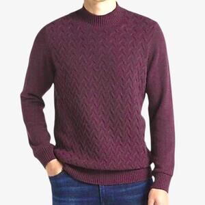 Joseph Abboud Mens Wool Blend Cable Knit Mock Neck Sweater Size XL Wine Burgundy